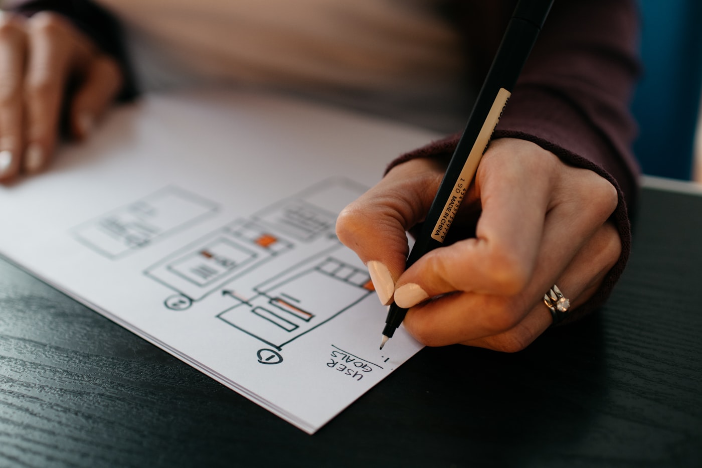 Boceto de wireframe de una web dibujado a mano sobre papel, con anotaciones de usuario